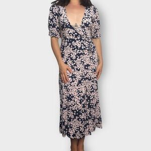 Navy & Pink Floral Rayon Wrap Dress